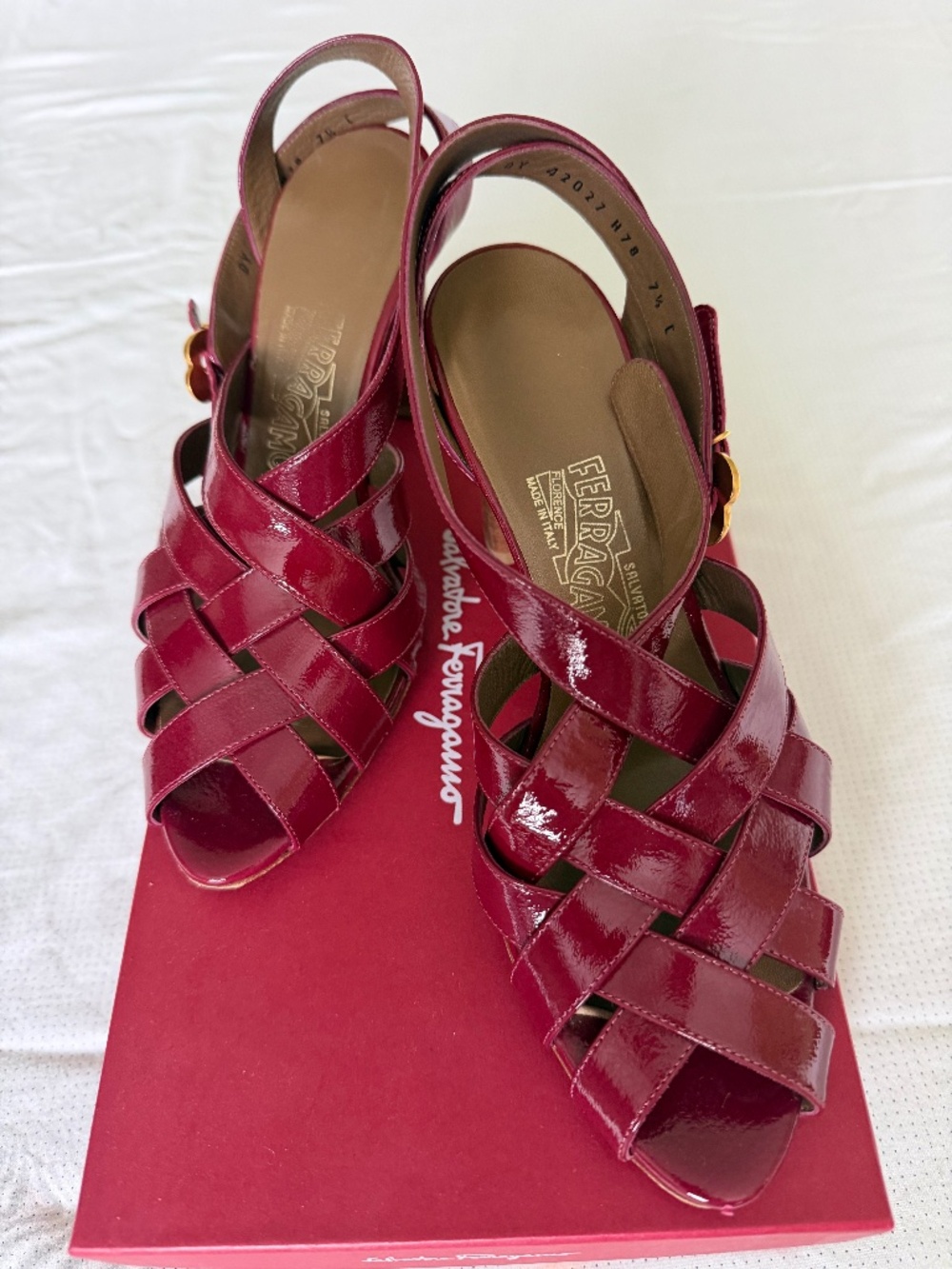 Strappy Salvatore Ferragamo sandals in deep pink patent